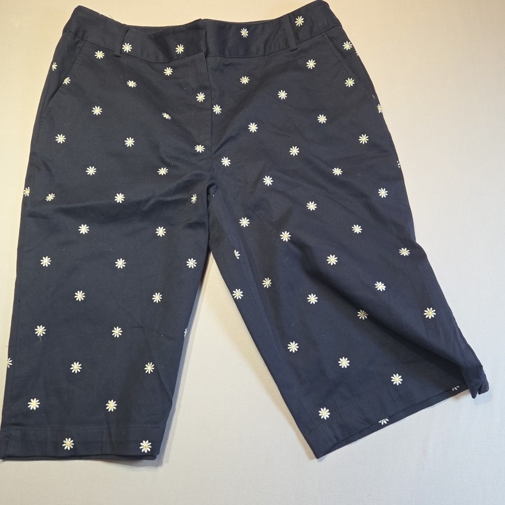 Briggs New York Capri Pants Women's 14 Navy Blue Daisy Floral Stretch Zip Front